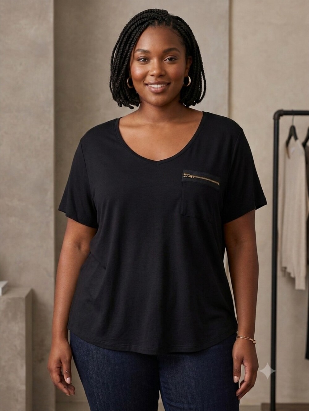 Splash Plus Black Gold Zipper Chest Pocket V-Neck Short Sleeve Semi Sheer Top